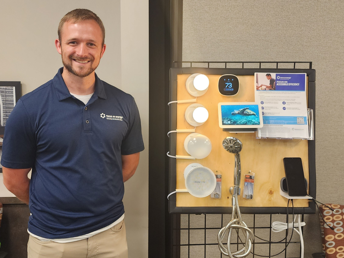 focus on energy rep poses with a display of assistive technology for the home