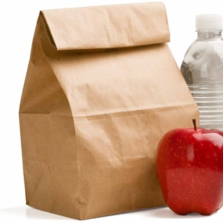 A lunch in a brown paper bag with a red apple and a bottle of water