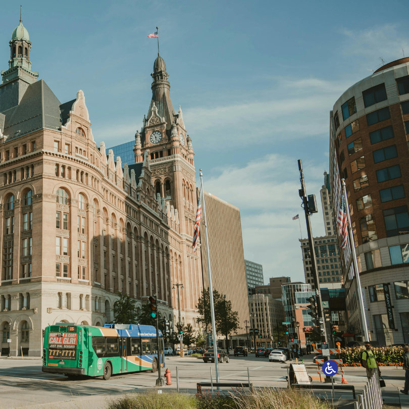 View of downtown Milwaukee featuring the historic Milwaukee City Hall building with its tall clock t