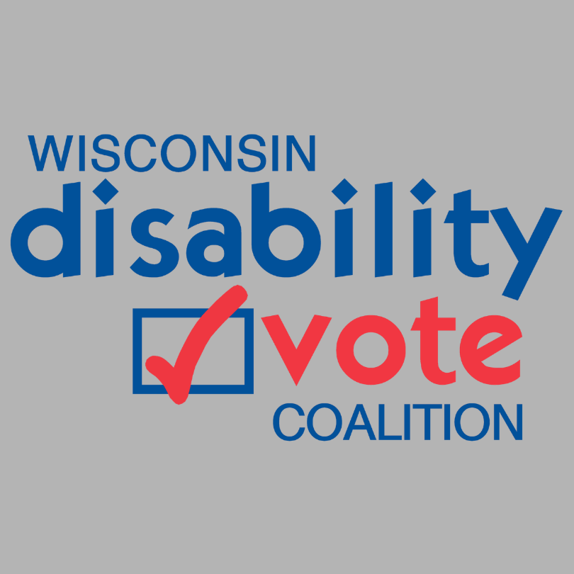 Wisconsin Disability Vote Coalition logo on a gray background. Blue text reads “Wisconsin disability