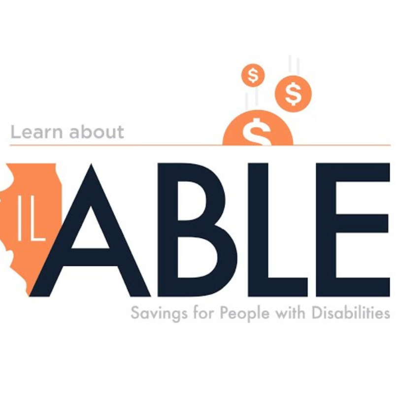 Graphic promoting Illinois ABLE, featuring the IL ABLE logo with the words “Learn about ABLE: Saving