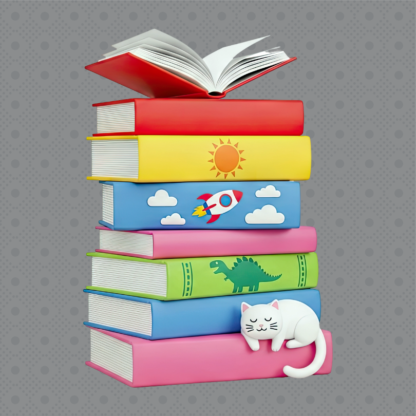 Illustration of a colorful stack of children's books with an open red book at the top.