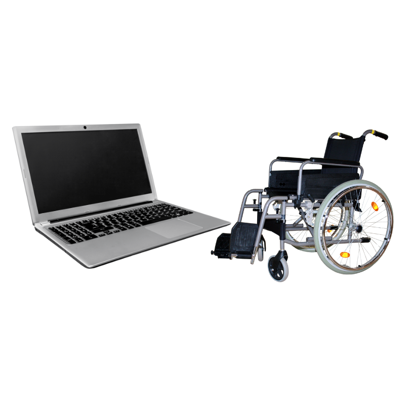 Photo of a PC laptop and a wheelchair