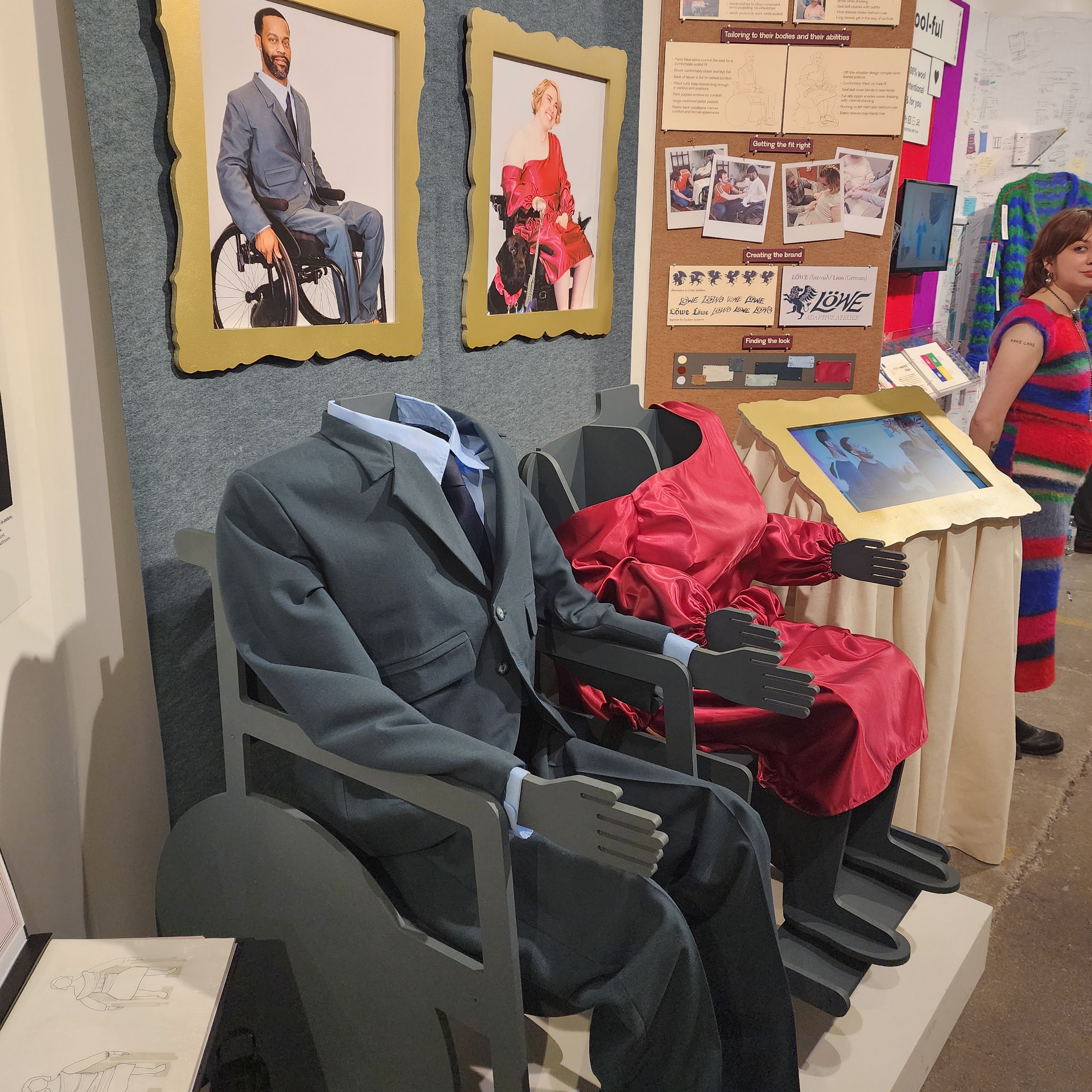 Lowe display at MIAD's senior exhibition featuring adaptive formal wear