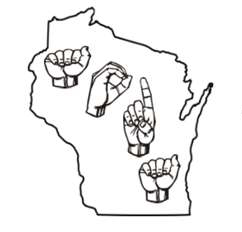 Outline of the state of Wisconsin with sign language inside of the border.  The signs are A O D A.