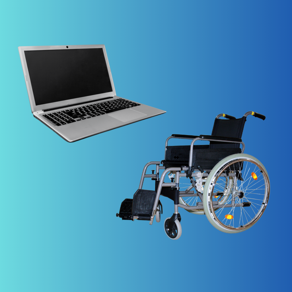 Photo of a PC laptop and a wheelchair
