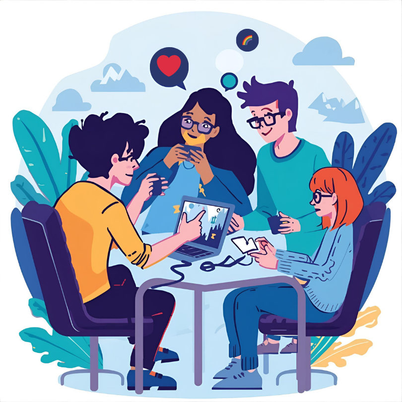 Illustration of four people gathered around a table. They are playing games on a laptop while also t