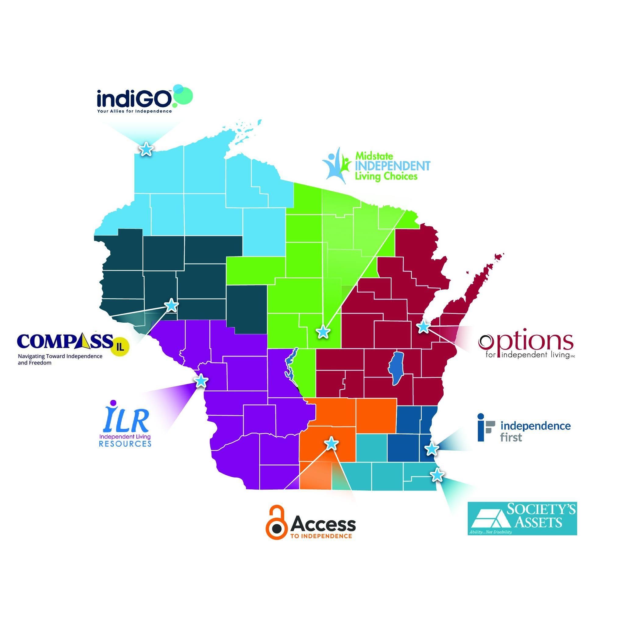 Map of Wisconsin showing the geographical coverage areas of all eight Wisconsin Independent Living Centers
