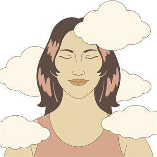 graphic of a woman with her eyes closed in clouds
