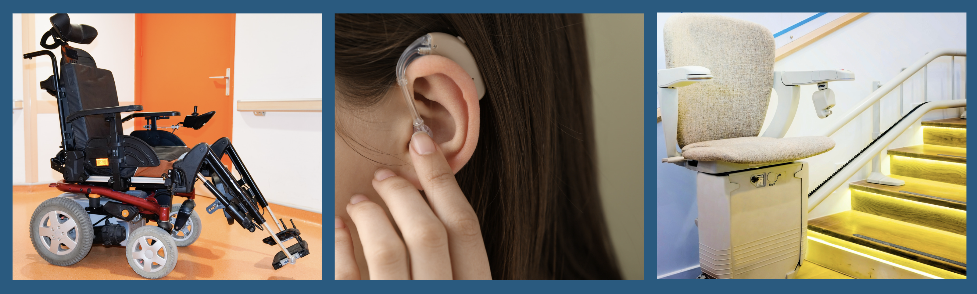 photos of assistive technology including a wheelchair, a hearing aid and a stairlift