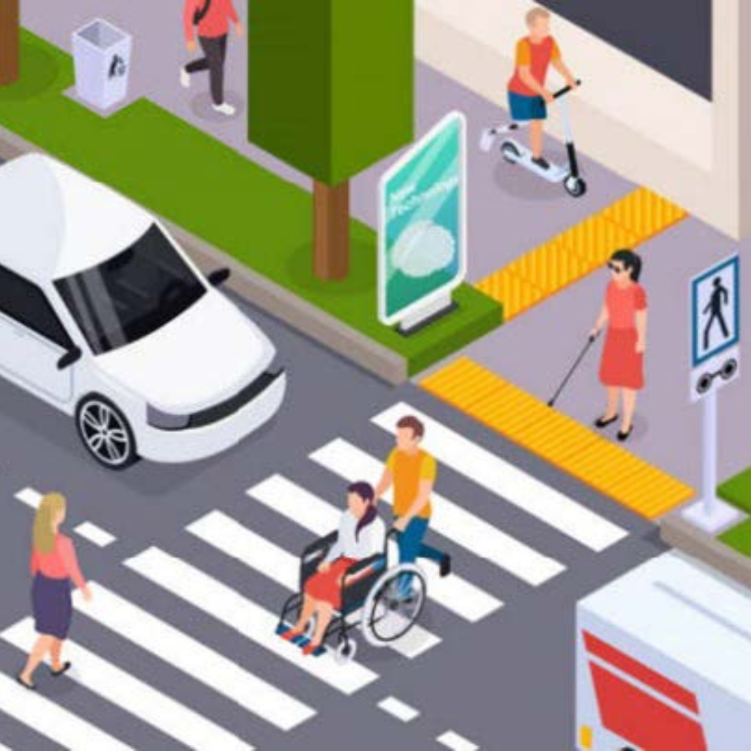 Graphic of a busy street corner including people with disabilities