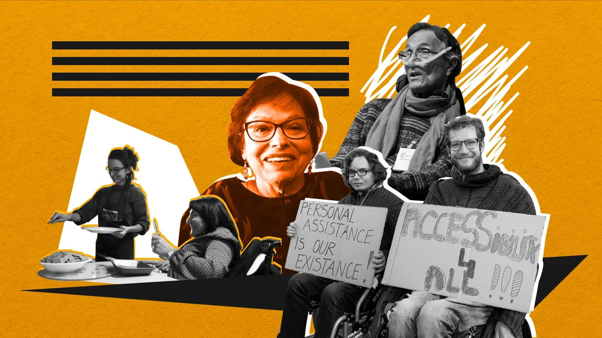 Digital photo collage featuring advocates and activists representing independent living