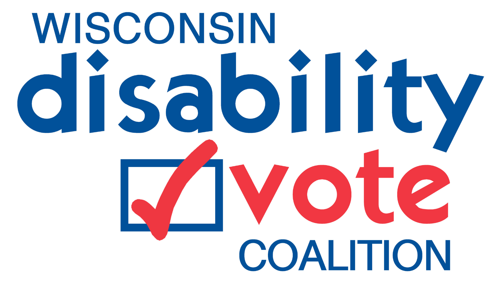 Logo for the Wisconsin Disability Vote Coalition featuring the words “Wisconsin Disability Vote Coalition” with a red checkmark inside a ballot box symbol.